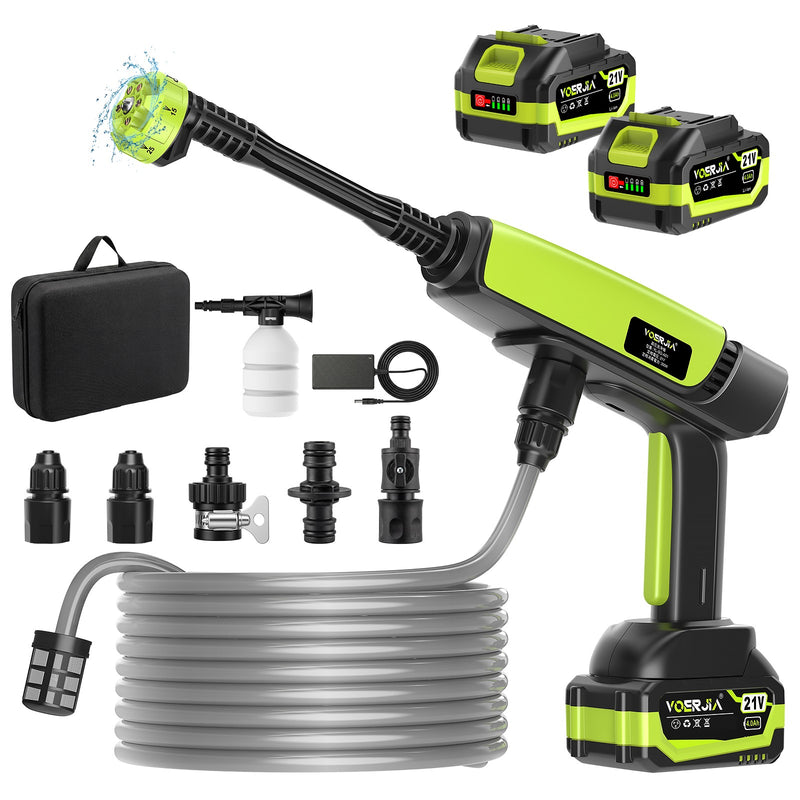 VOERJIA 21V Cordless Pressure Washer, 70 Bar with 2 x 4.0Ah Batteries, Up to 60 Min Combined Runtime, 6-in-1 Nozzle, Foam Bottle, 5m Hose, Storage Case and Water Stop Valve for Car & Garden