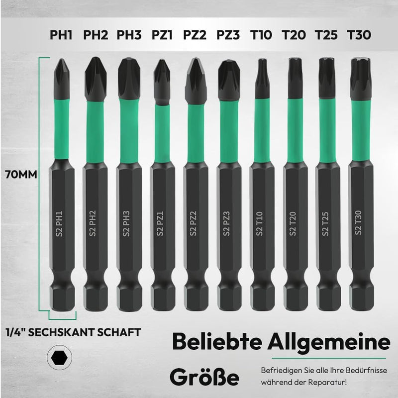 10pcs 70mm Phillips PoziDriv Torx Screwdriver Bit Set