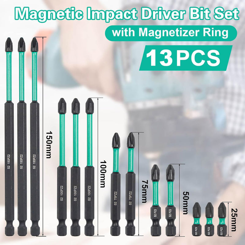 13Pcs PZ2 Magnetic Impact Driver Bits Set