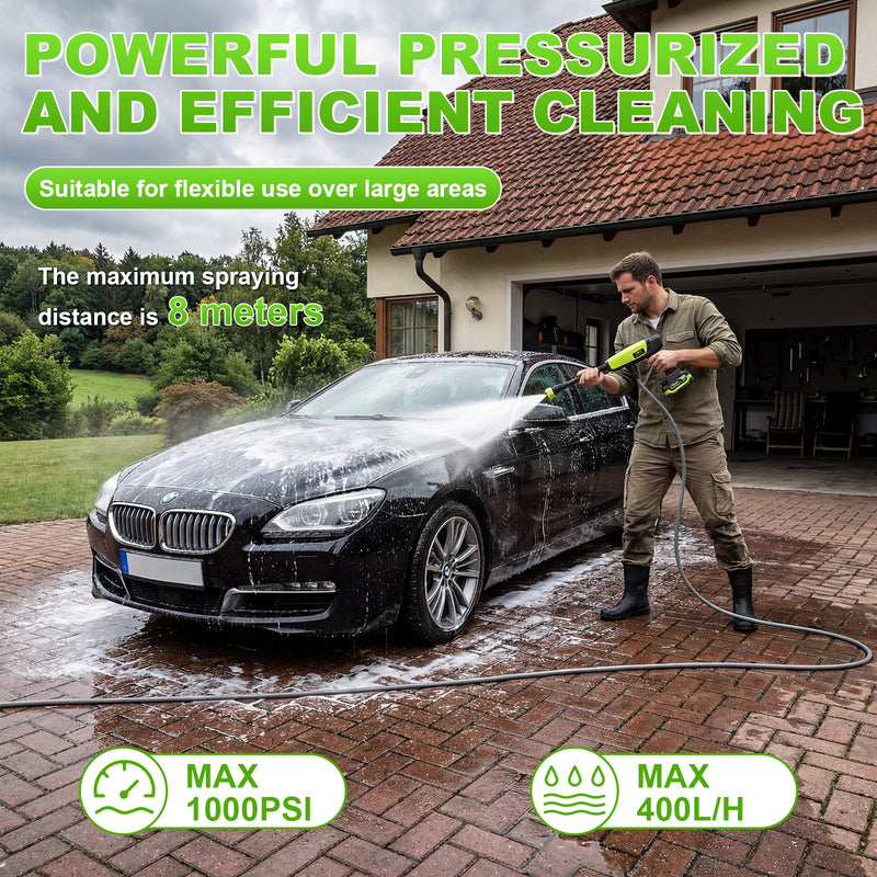 VOERJIA 21V Cordless Pressure Washer, 70 Bar with 2 x 4.0Ah Batteries, Up to 60 Min Combined Runtime, 6-in-1 Nozzle, Foam Bottle, 5m Hose, Storage Case and Water Stop Valve for Car & Garden