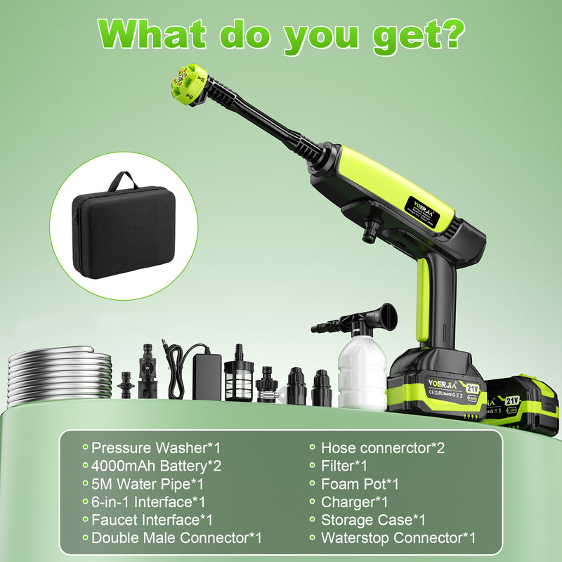 VOERJIA 21V Cordless Pressure Washer, 70 Bar with 2 x 4.0Ah Batteries, Up to 60 Min Combined Runtime, 6-in-1 Nozzle, Foam Bottle, 5m Hose, Storage Case and Water Stop Valve for Car & Garden